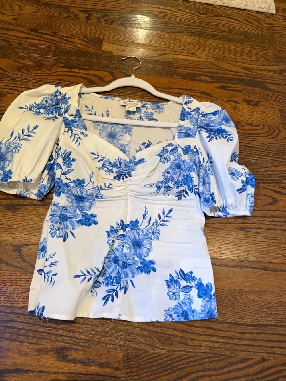Rachel Zoe White Blouse with Blue Floral Print and Puff Sleeves